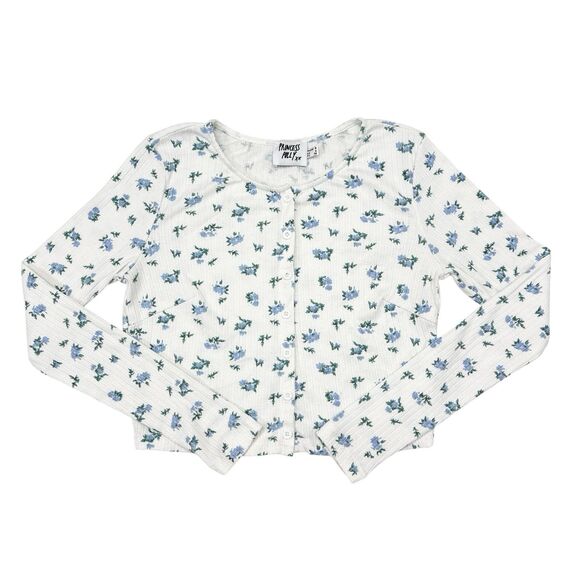Princess Polly Top Size 4 White Blue Floral Y2K Style Button Front Long Sleeve - Picture 1 of 8
